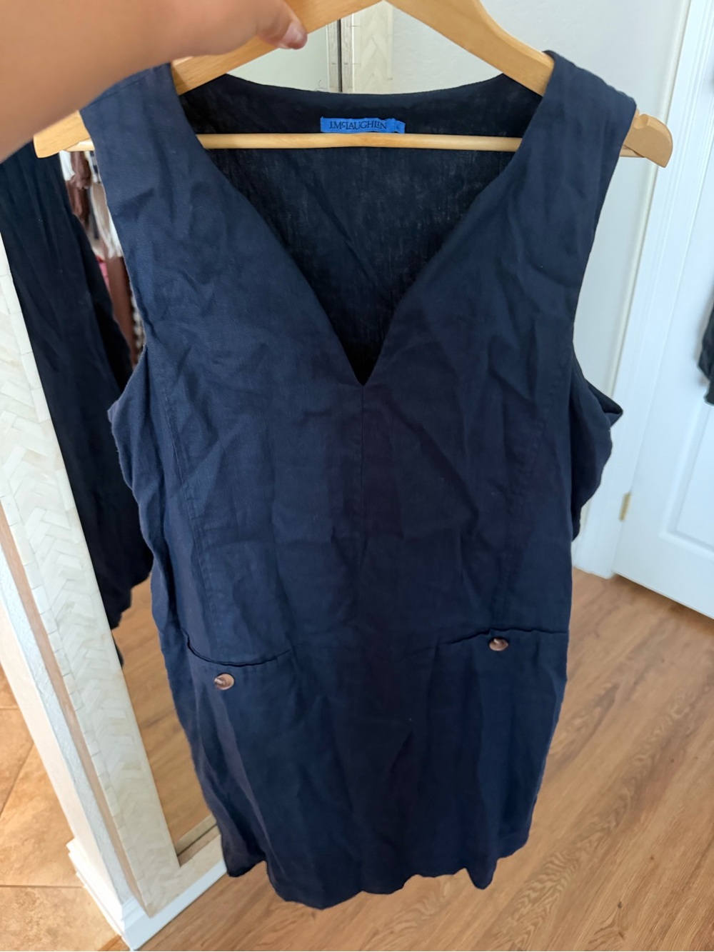 J.McLaughlin 100% Linen Quietluxury V-Neck A-Line Pocket Dress - Navy - Picture 3 of 10